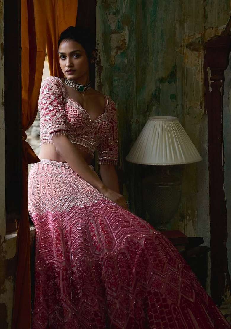 Multicolor Embroidered Georgette Lehenga Set - Indya