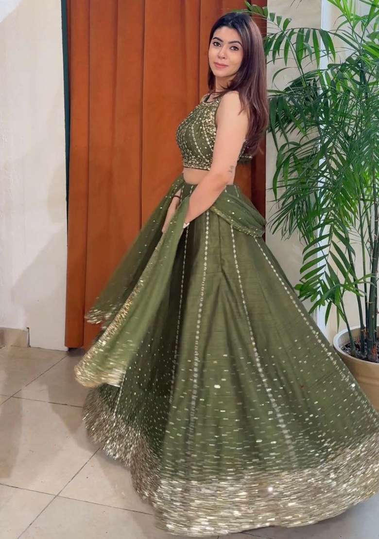 Green Embroidered Silk Lehenga Set for Diwali and Festive Wear - Indya