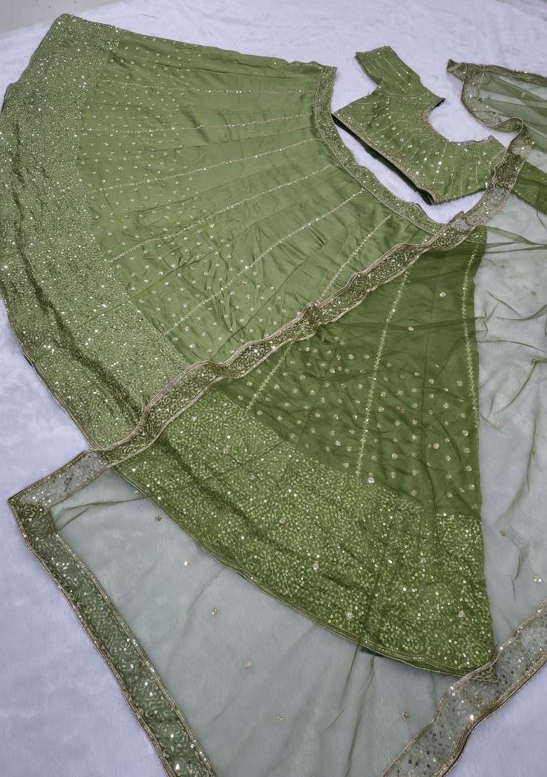 Green Embroidered Silk Lehenga Set for Diwali and Festive Wear - Indya