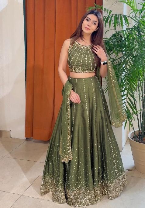 Green Embroidered Silk Lehenga Set