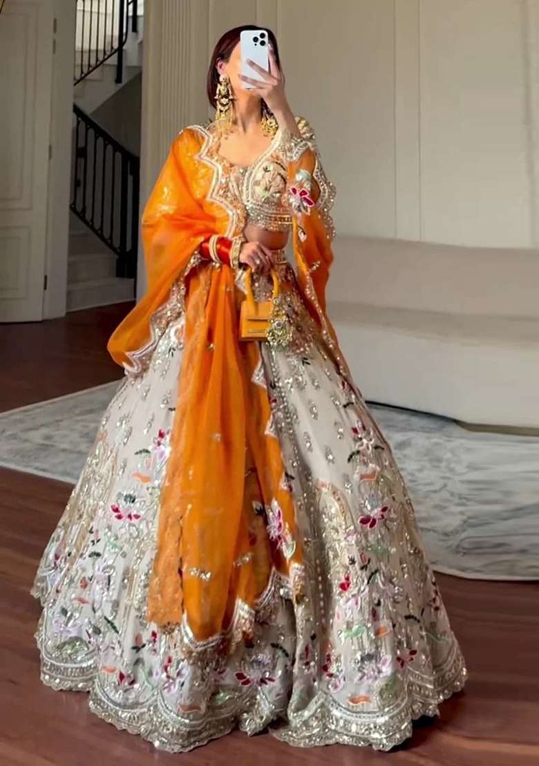 Multicolor Embroidered Silk Lehenga Set - Indya