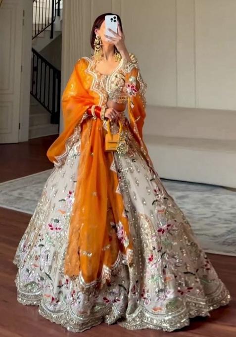 Multicolor Embroidered Silk Lehenga Set