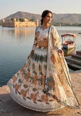 White Printed Silk Lehenga Set