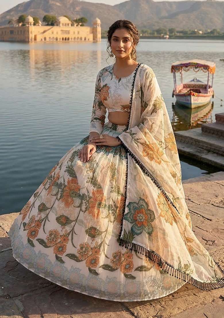 White Printed Silk Lehenga Set for Diwali and Festive Wear - Indya