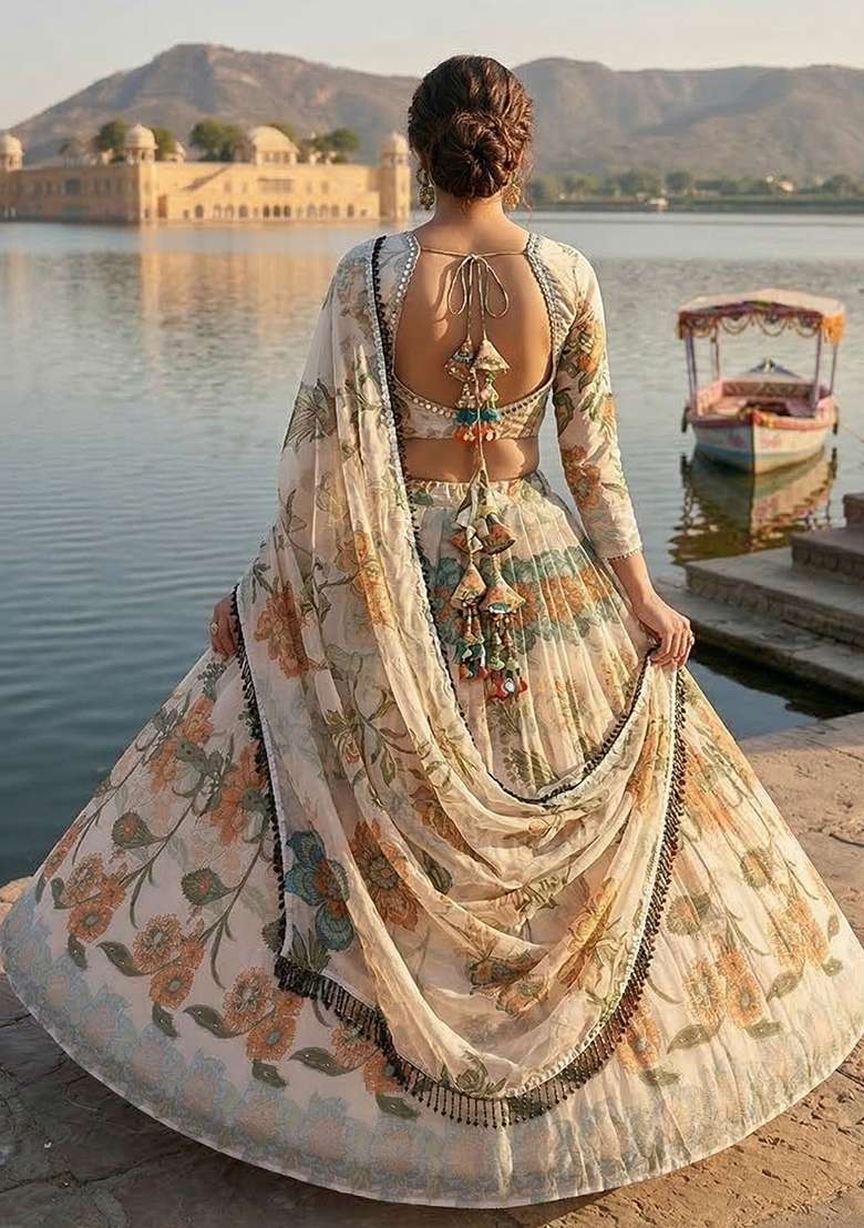 White Printed Silk Lehenga Set for Diwali and Festive Wear - Indya