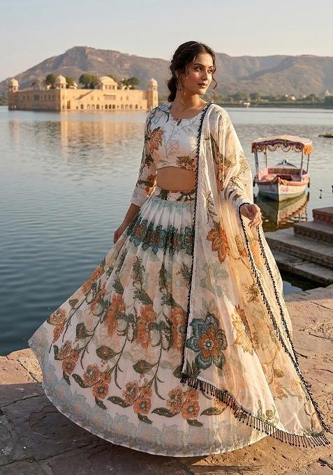 White Printed Silk Lehenga Set