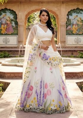 White Printed Silk Lehenga Set