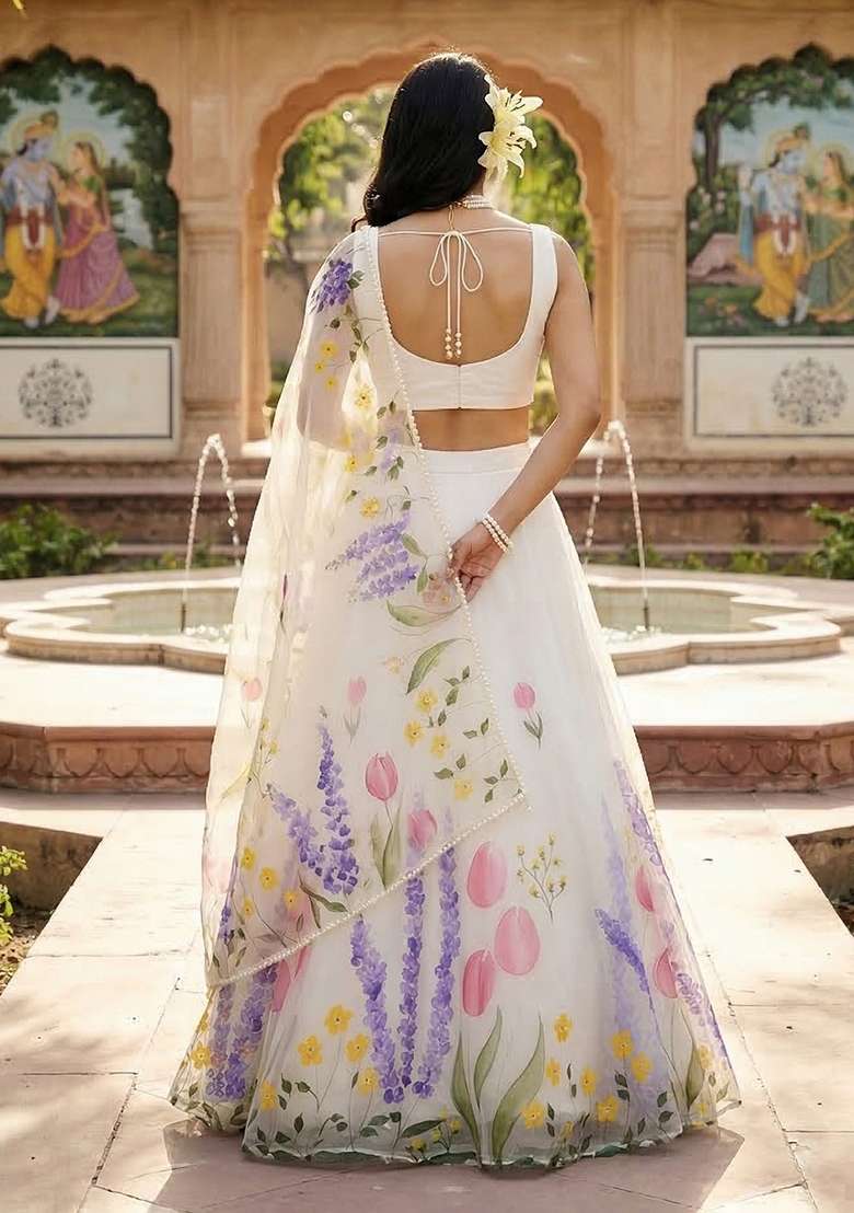 White Printed Silk Lehenga Set for Diwali and Festive Wear - Indya