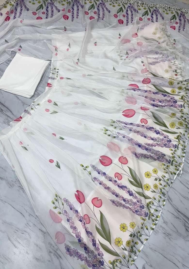 White Printed Silk Lehenga Set for Diwali and Festive Wear - Indya