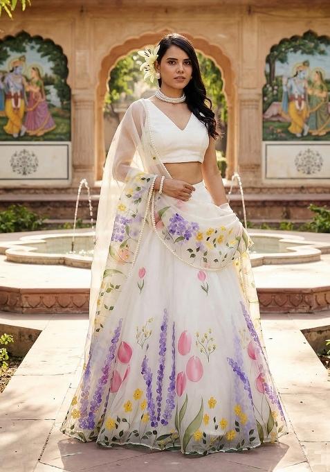 White Printed Silk Lehenga Set