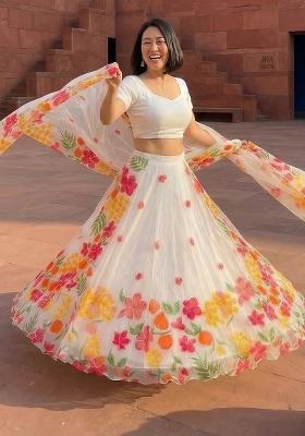 White Printed Silk Lehenga Set