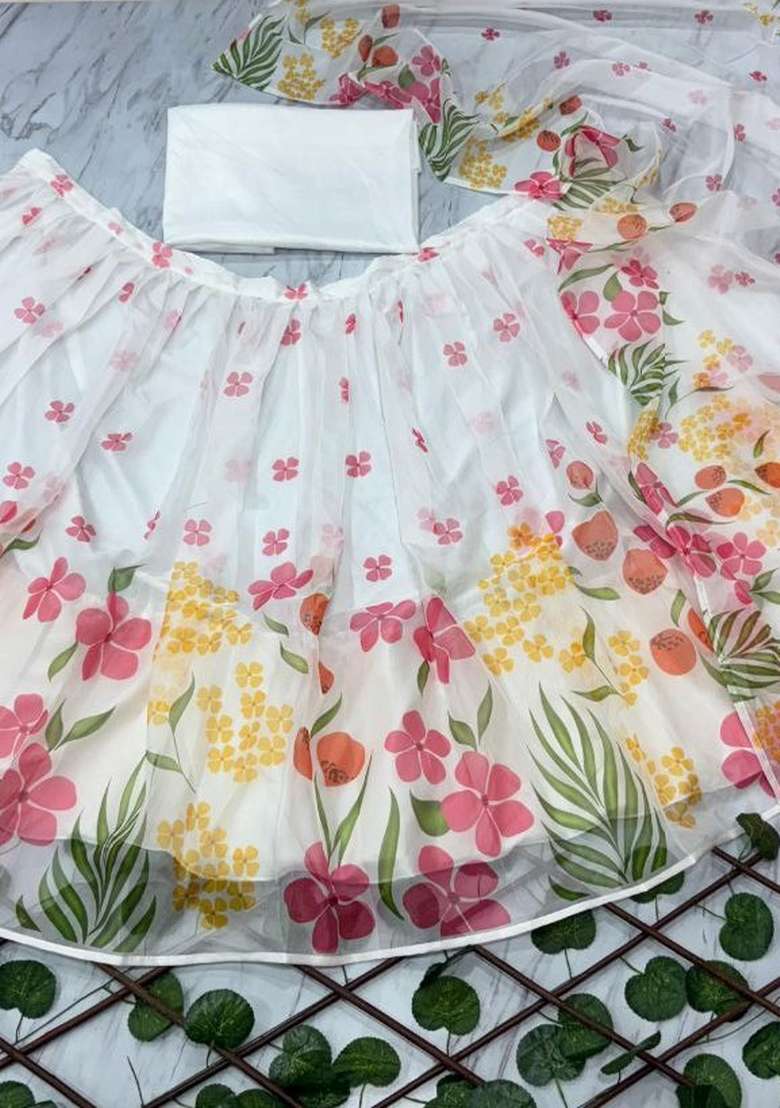 White Silk Lehenga Set with Printed for Diwali | Wedding & Festive Wear - Indya