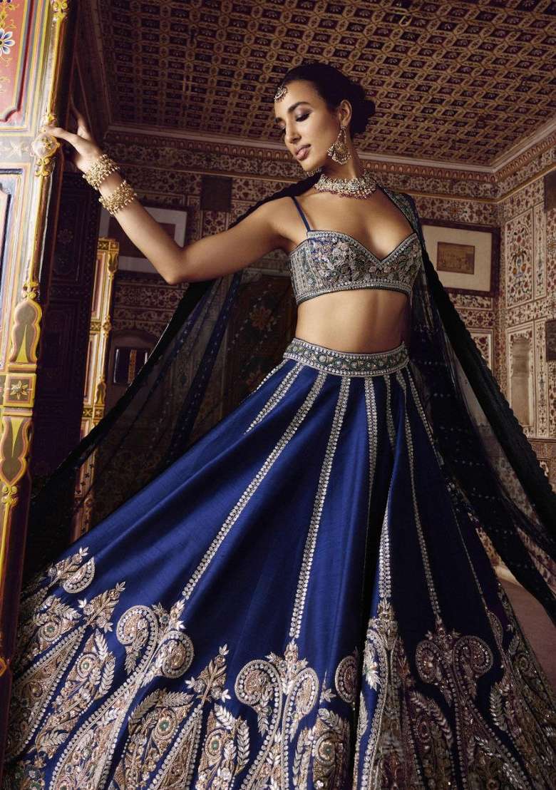 Blue Silk Lehenga Set with Embroidered for Diwali | Wedding & Festive Wear - Indya