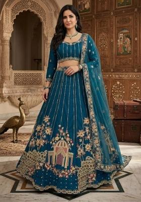 Blue Embroidered Net Lehenga Set