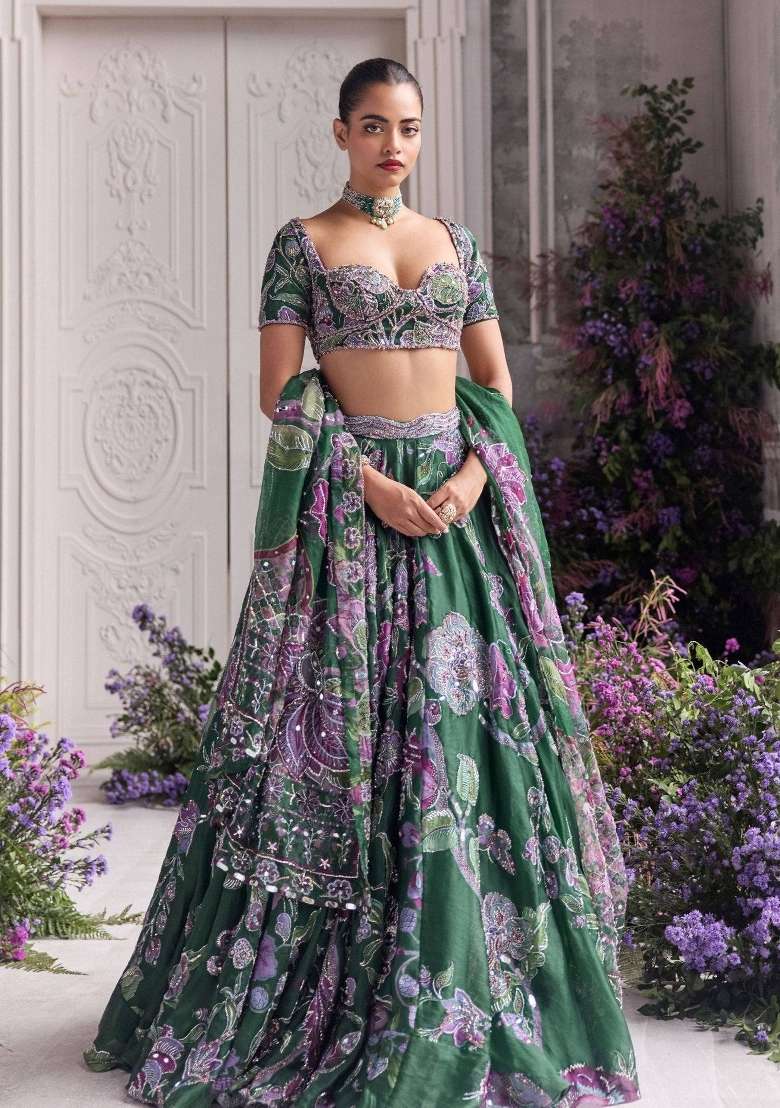 Green Silk Lehenga Set with Embroidered for Diwali | Wedding & Festive Wear - Indya