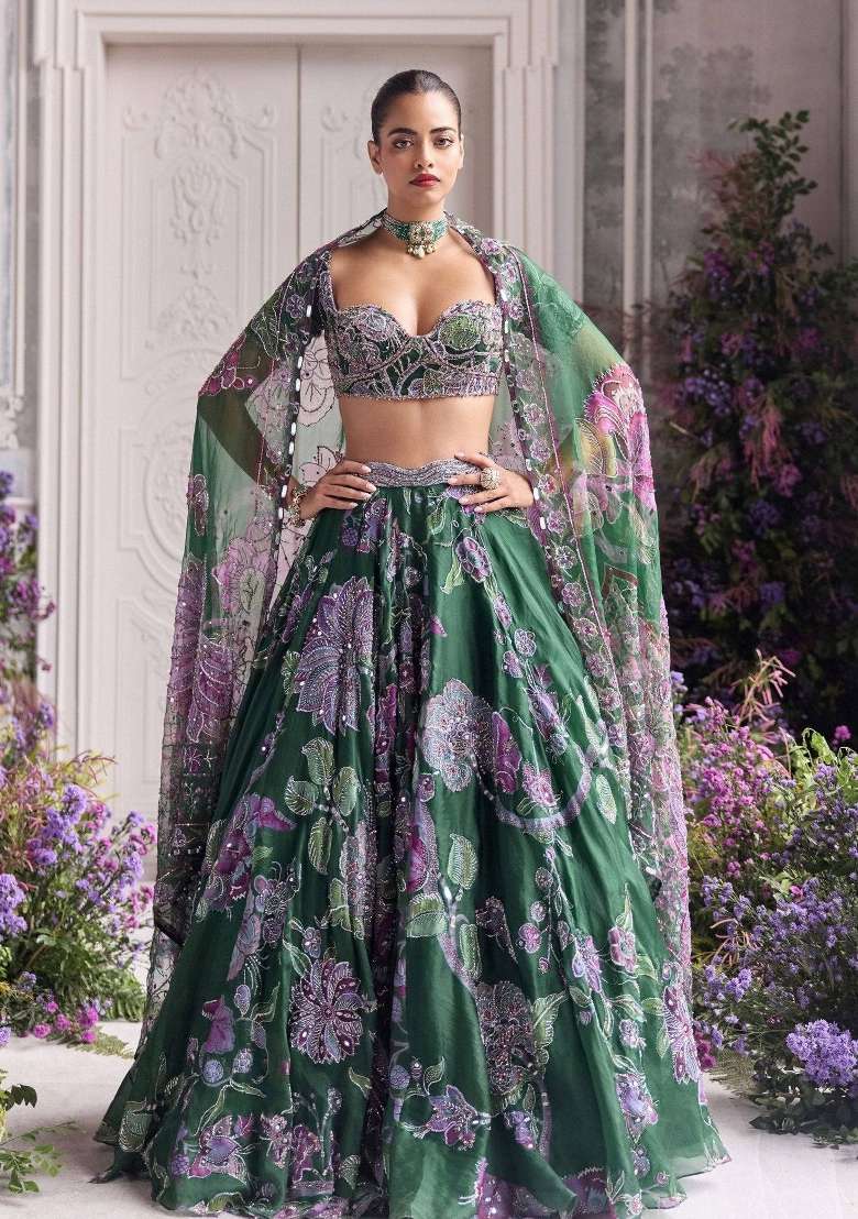 Green Silk Lehenga Set with Embroidered for Diwali | Wedding & Festive Wear - Indya