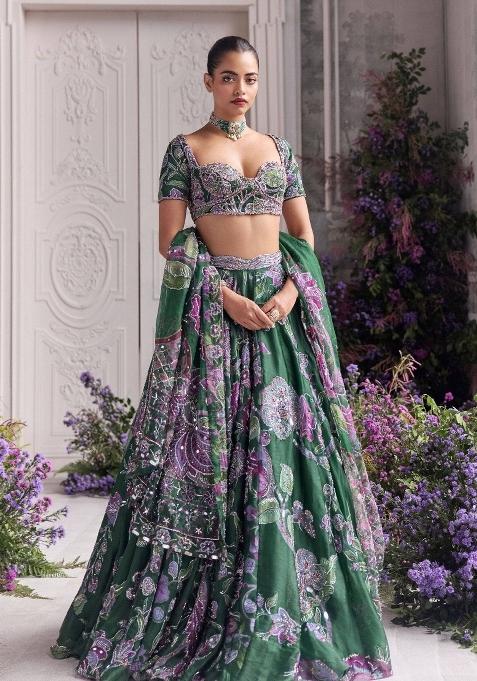 Green Embroidered Silk Lehenga Set