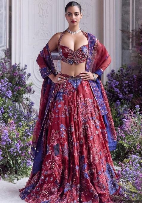 Maroon Embroidered Silk Lehenga Set