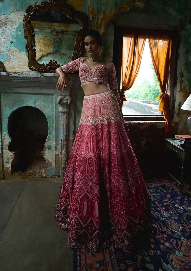Pink Embroidered Georgette Lehenga Set - Indya