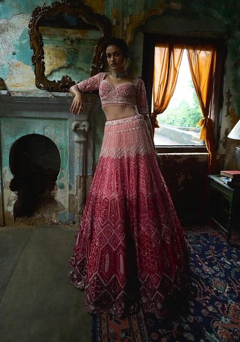 Pink Embroidered Georgette Lehenga Set