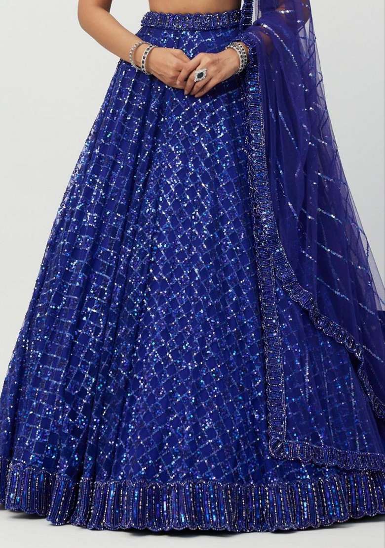 Royal Blue Work Net Lehenga Set with Sequin for Diwali | Wedding & Festive Wear - Indya