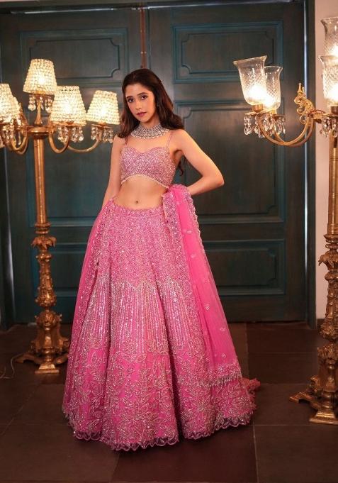 Pink Sequin Work Net Lehenga Set