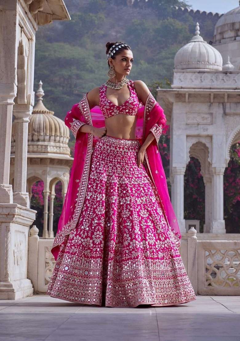 Pink Embroidered Georgette Lehenga Set - Indya