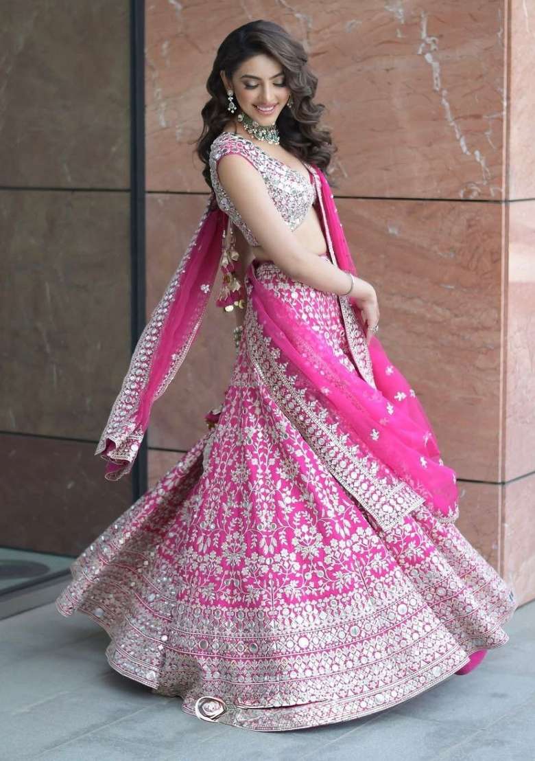 Pink Embroidered Georgette Lehenga Set - Indya
