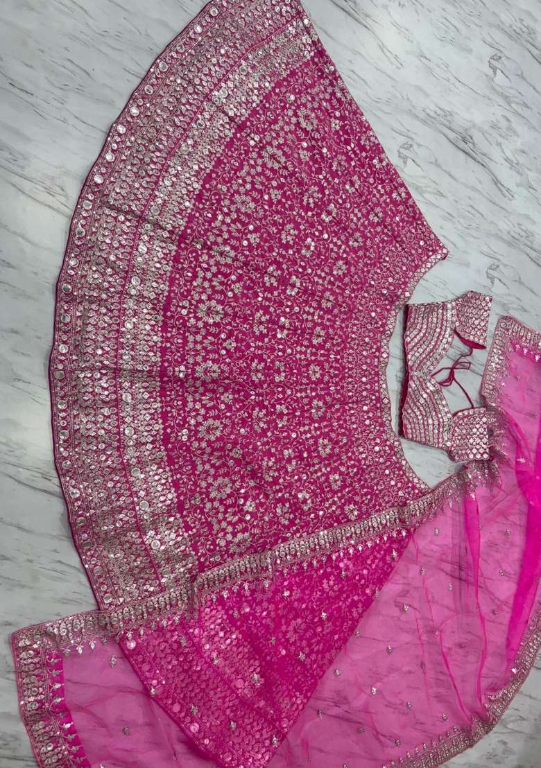 Pink Embroidered Georgette Lehenga Set - Indya