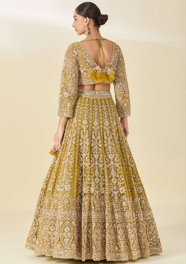 Yellow Embroidered Net Lehenga Set - Indya