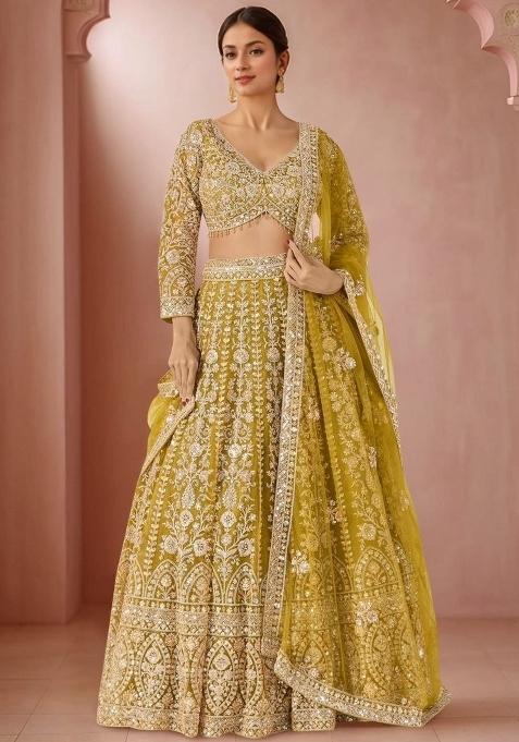 Yellow Embroidered Net Lehenga Set