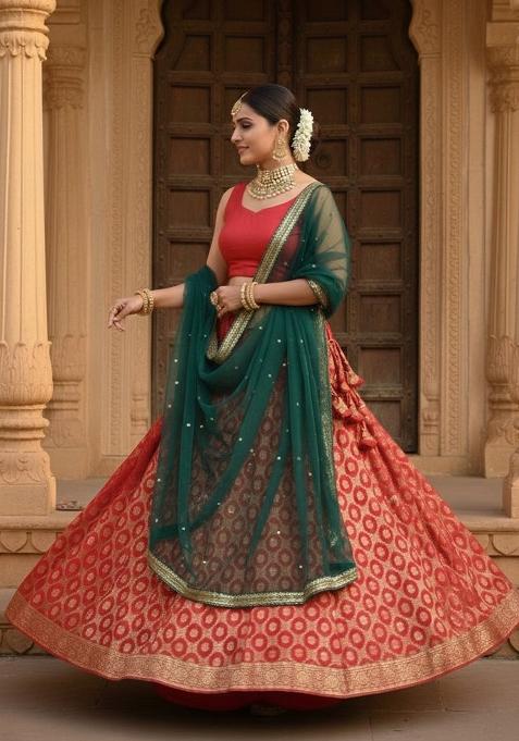 Multicolor Woven Design Silk Lehenga Set