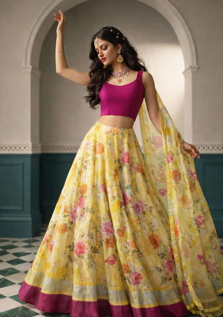 Multicolor Linen Lehenga Set with Printed for Diwali | Wedding & Festive Wear - Indya