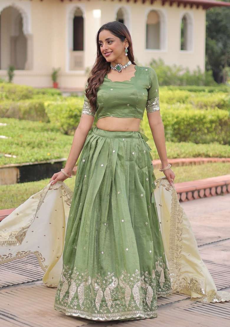 Green Gold Crush Lehenga Set with Embroidered for Diwali | Wedding & Festive Wear - Indya