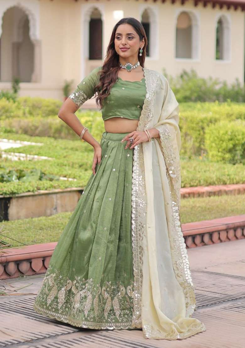 Green Gold Crush Lehenga Set with Embroidered for Diwali | Wedding & Festive Wear - Indya