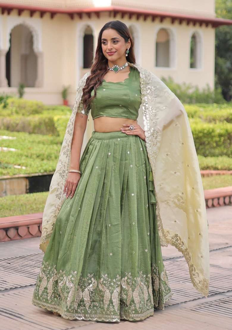 Green Gold Crush Lehenga Set with Embroidered for Diwali | Wedding & Festive Wear - Indya