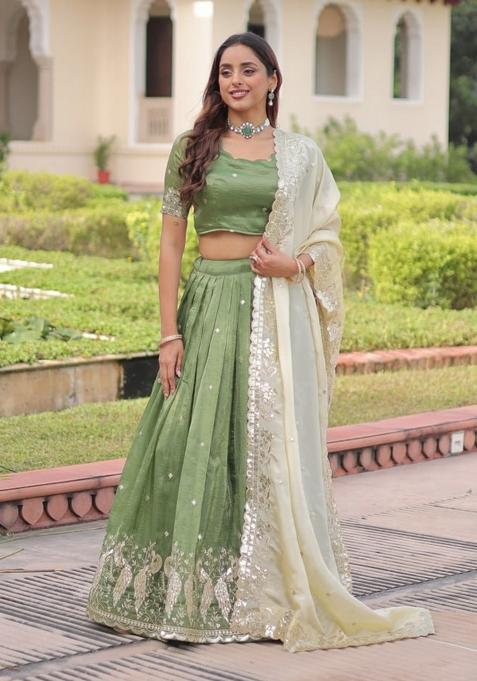 Green Embroidered Gold Crush Lehenga Set