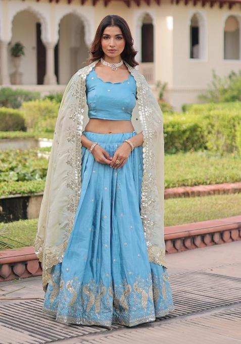 Sky Blue Embroidered Gold Crush Lehenga Set