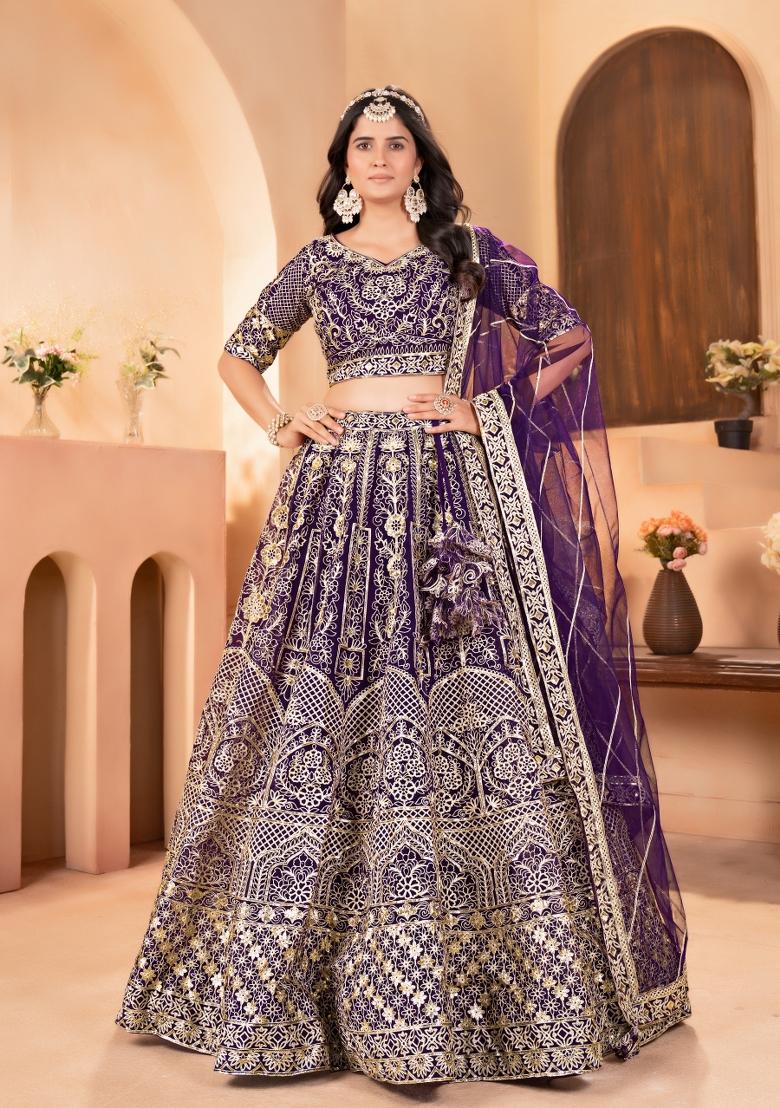 Wine Embroidered Net Lehenga Set - Indya