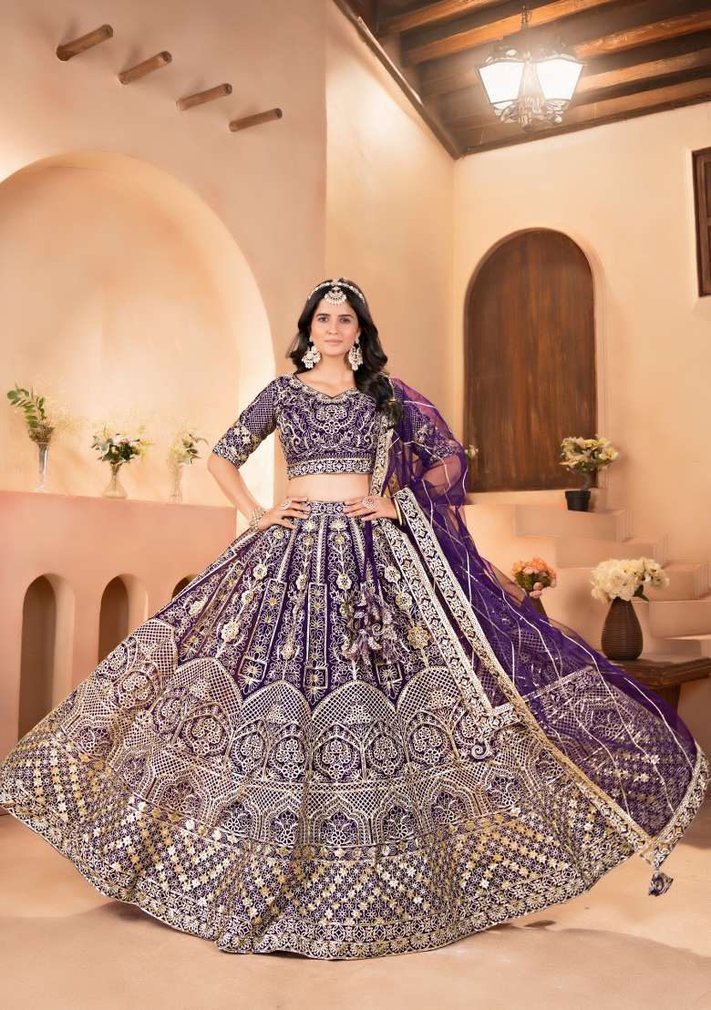 Wine Embroidered Net Lehenga Set for Diwali and Festive Wear - Indya