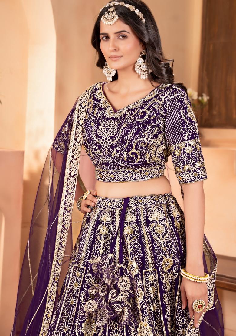 Wine Embroidered Net Lehenga Set - Indya