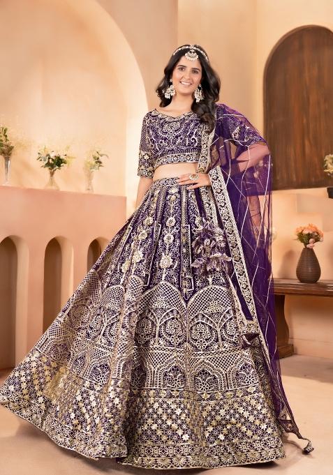 Wine Embroidered Net Lehenga Set