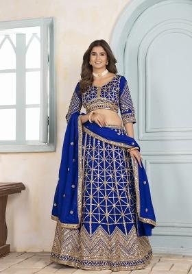 Royal Blue Embroidered Chinon Lehenga Set