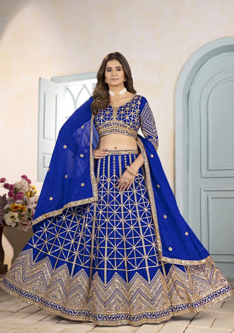 Royal Blue Embroidered Chinon Lehenga Set - Indya