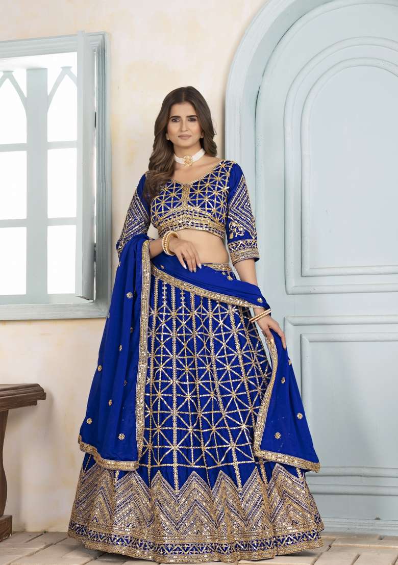 Royal Blue Embroidered Chinon Lehenga Set for Diwali and Festive Wear - Indya