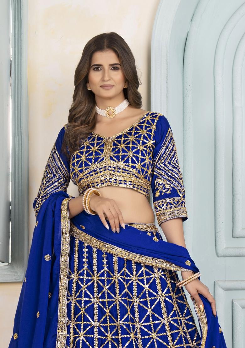 Royal Blue Embroidered Chinon Lehenga Set - Indya
