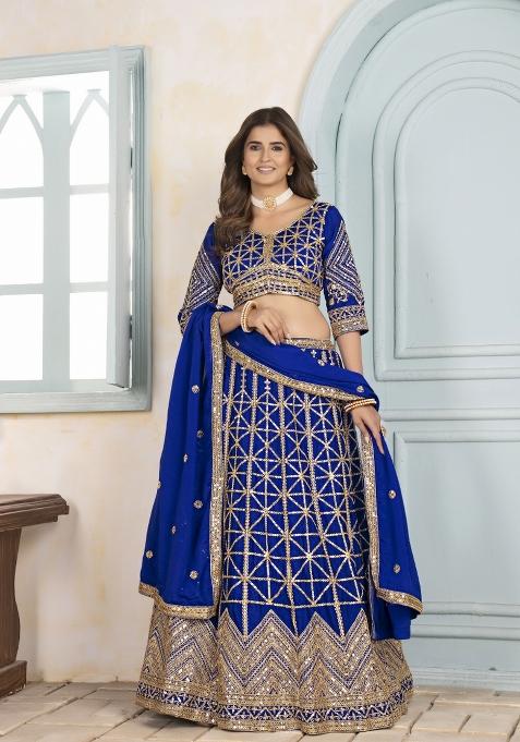 Royal Blue Embroidered Chinon Lehenga Set