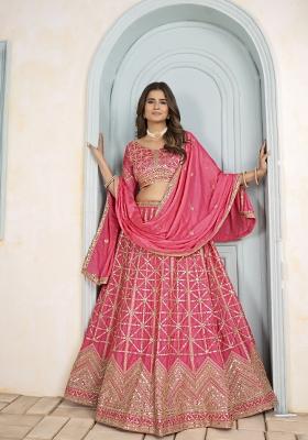 Pink Embroidered Chinon Lehenga Set