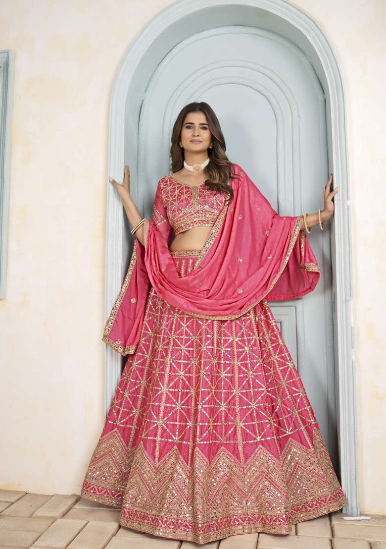 Pink Chinon Lehenga Set with Embroidered for Diwali | Wedding & Festive Wear - Indya