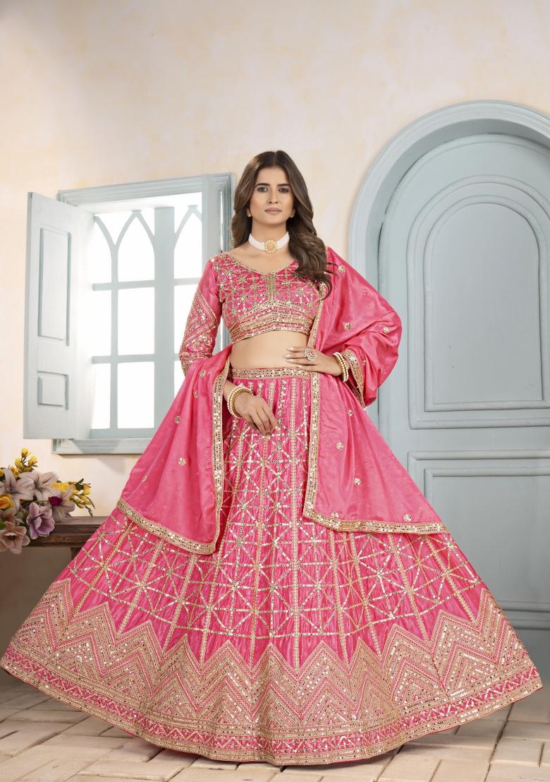 Pink Embroidered Chinon Lehenga Set - Indya